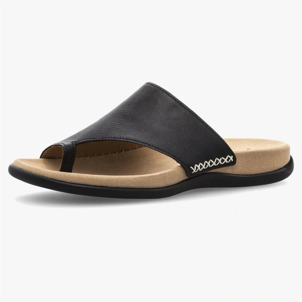 Gabor Men’s Black Leather Toe-Loop Slide with Beige Footbed sandal Size 9 - 9.5